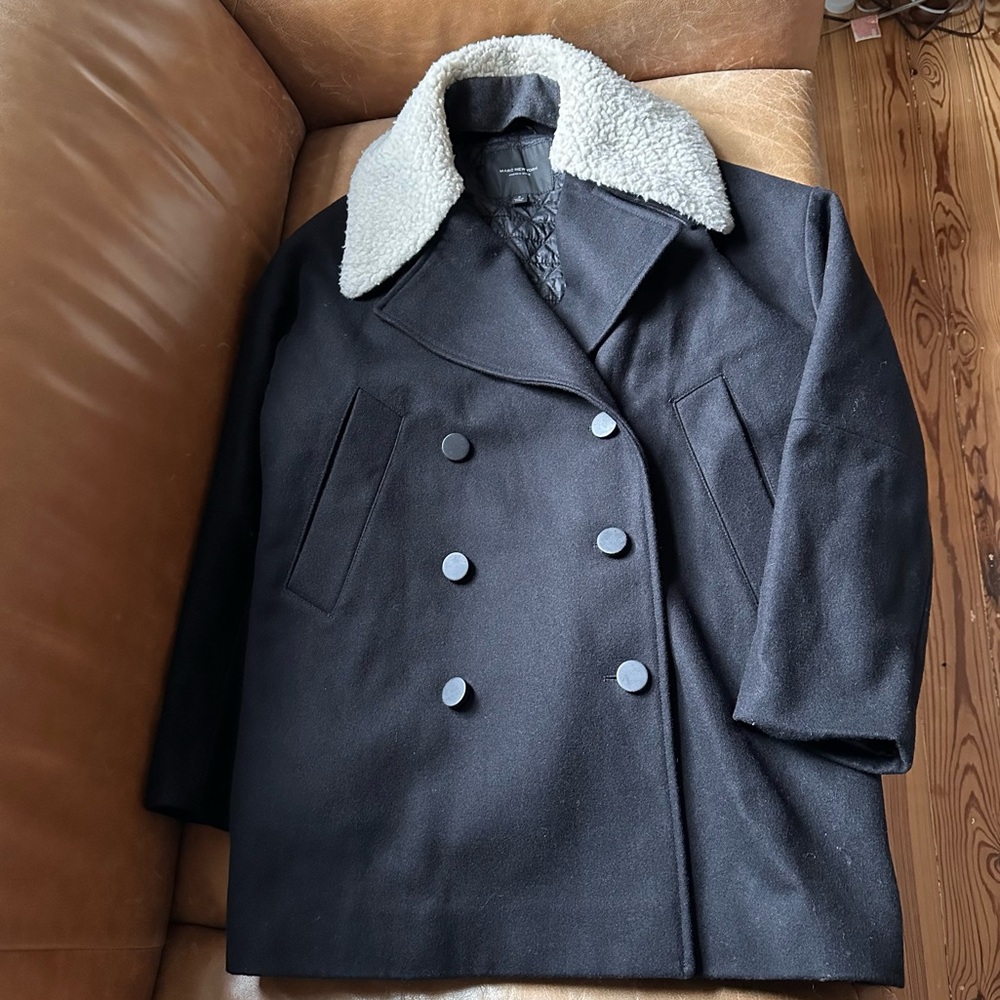 Marc New York women wool blend pea coat faux fur cocoon classic double breasted